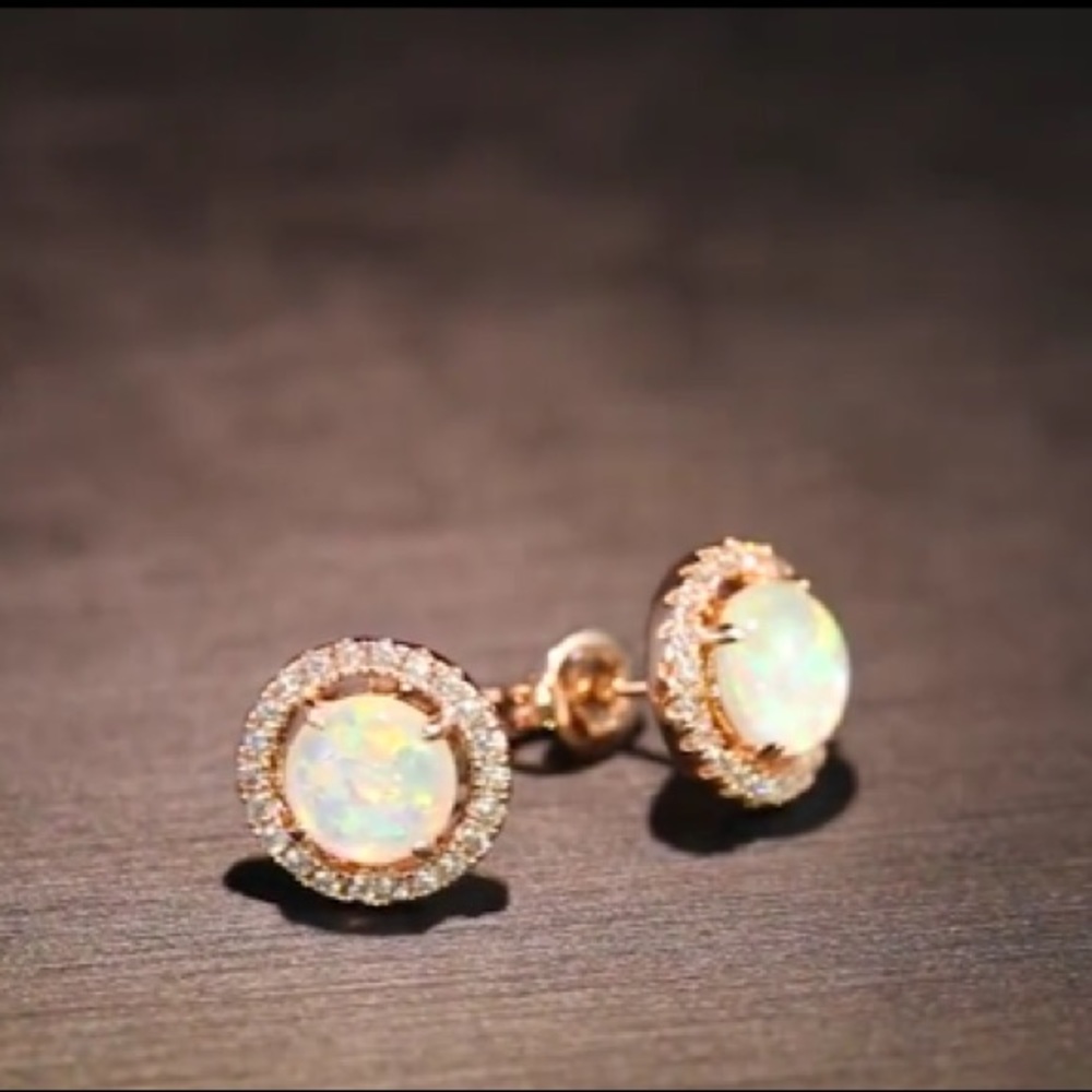 Rose Gold Round White Opal Halo Stud Earrings - Picture 3 of 6